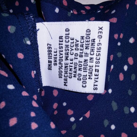 Collective Concepts Blouse Womens 1X Blue Pink Dots Chiffon 3/4 Sleeve V Neck - Picture 8 of 8